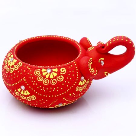 Handicraft Washable Terracotta Modern Elephant Diya Tealight T-Light Holder - Red